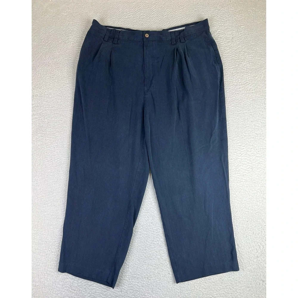 Tommy Bahama Pants Mens 40x26 Blue 100% Silk Pleated Herringbone Casual